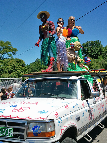 Maxwelton 4th of July Parade dancing girls and Spiderman on pickup truck in Clinton on Whidbey Island