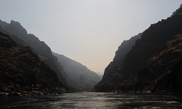Hells Canyon National Recreation Area Snake River cliffs and forest fire haze