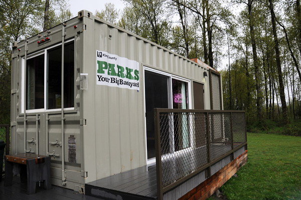 Tolt MacDonald Park shipping container camping cabin by Snoqualmie River exterior deck